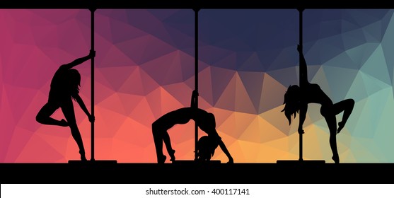 Black vector silhouettes of female pole dancers performing contemporary pole dance style on colorful polygonal  abstract background.