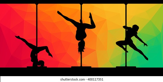 Black vector silhouettes of female pole dancers performing pole moves on abstract background.