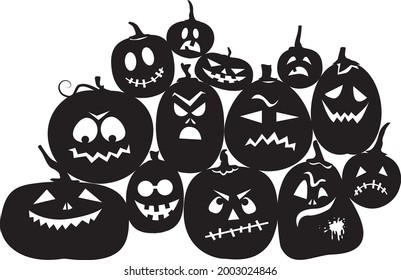 Black vector silhouettes of funny jack-o-lanterns for a cut-out or window decoration, no white objects, EPS 8