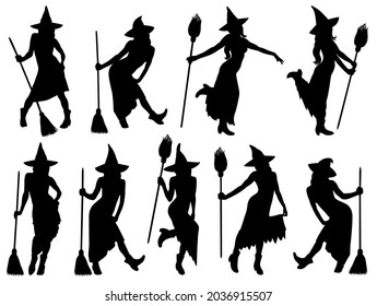 Black Vector Silhouettes Of Halloween Witches In Long Skirt And Hat With Broomstick. Collection Of Beautiful Young Witches Icons For Halloween Design.