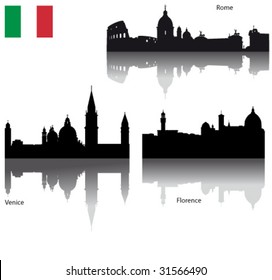 Black vector silhouettes of Italian cities with Italian flag