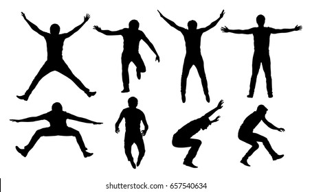 Black vector silhouettes of jumping or falling man isolated on white background