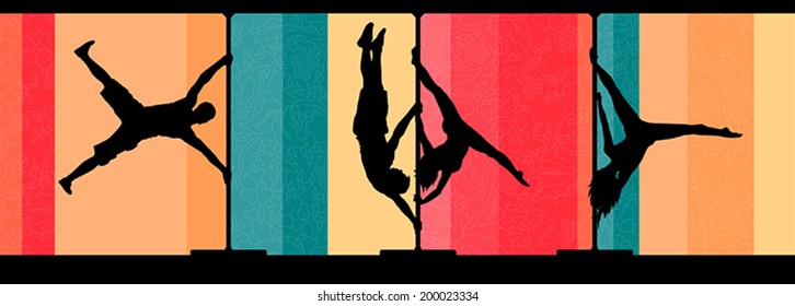 Black vector silhouettes of male and female pole dancers on abstract background