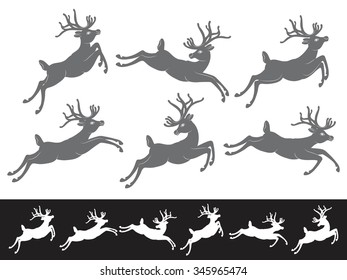 Black vector silhouettes on white background, set of different running and jumping Christmas Reindeer