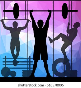 Black vector silhouettes of people doing fitness workouts in many different position. Many icons of people doing sport exercises. Active and healthy life concept. Vector illustration.