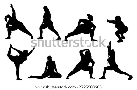 Black vector silhouettes of plus size women practicing yoga and fitness poses. Body positive, curvy figures in dynamic stretching and balance positions.