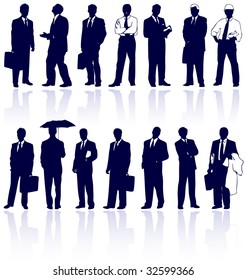 Black vector silhouettes set of standing business men, office workers, engineers and other persons on white background