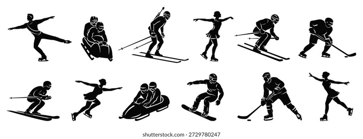Schwarze Vektorsilhouetten von Wintersportlern. Handgezeichnete Formen - Skilaufen, Schlittschuhlaufen, Hockey, Bobfahren, Snowboarden in Action. Internationaler Winterspielwettbewerb. Isolierte flache Illustrationssammlung.