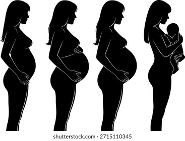 Black vector silhouettes showing the stages of pregnancy transformation, culminating in a mother holding her newborn baby.