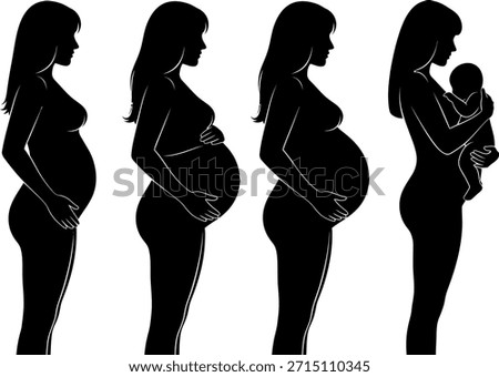 Black vector silhouettes showing the stages of pregnancy transformation, culminating in a mother holding her newborn baby.