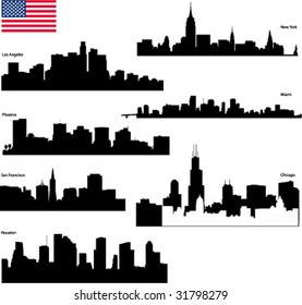 Black vector silhouettes skyline of  USA biggest cities with  flag