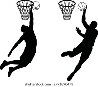 Black vector silhouettes of two basketball players jumping for a slam dunk and layup towards hoops isolated on white background