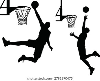 Black vector silhouettes of two basketball players jumping for a slam dunk and layup towards hoops isolated on white background
