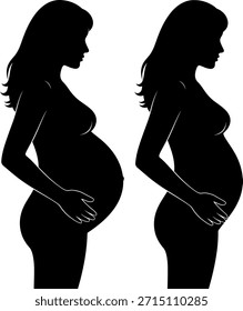 Black vector silhouettes of two pregnant women in profile, depicting advanced stages of pregnancy. Ideal graphic for health, maternity, and medical to