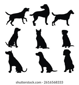 Black vector silhouettes of various dog breeds form a diverse animal collection, ideal as pet illustrations or icons