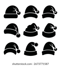 Silhuetas vetoriais pretas de vários chapéus de Santa em estilos diferentes. Ideal para gráficos de Natal, decoração festiva, cartões de férias, artesanato e projetos sazonais.