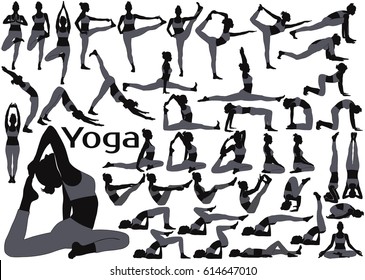 Black vector silhouettes of woman in gray costume in yoga poses. Icons of slim flexible girl practicing yoga and stretching her body.