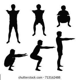 Black Vector Silhouettes Of Young Man Showing Right Squat Positions - Side And Front, Isolated On White Background