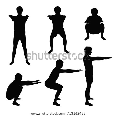 Black vector silhouettes of young man showing right squat positions - side and front, isolated on white background