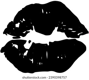 Black vector single lipstick imprint isolated on transparent background. Trace of a female lips kiss. Rough grunge illustration. Vintage hand-drawn design element