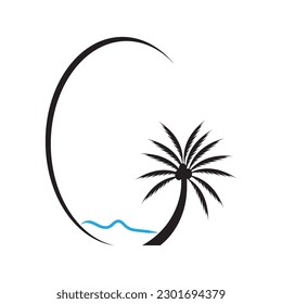 Black vector single palm tree silhouette icon isolated