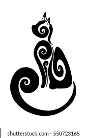 Black vector sitting cat ornamental geometric illustration or tattoo design on white background
