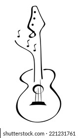 A black vector sketch of a guitar with notes coming out of it.