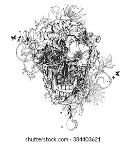 Black vector skull with flowers