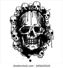 Black vector skulls on white background in grunge style