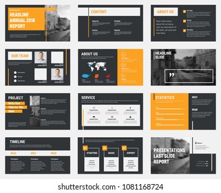Black vector slides with gray and orange design elements and a place for photos. Templates for business flyers and banners, annual reports. Set