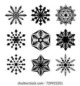Black vector snowflakes isolated on white background. Intricate snow shape. Happy New Year or Christmas card decorative design elements.