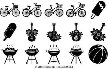 Black vector sport and bicycle icon set silhouettes design, Summer Vacation Icon Set