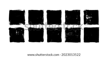 Black vector square box collection. Black painted square or rectangular shapes isolated on white background. Set of grunge template backgrounds. Hand drawn shape with rough edges