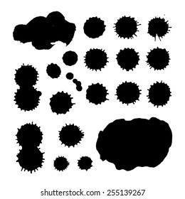 black vector stains set. blots, paint splashes, black background