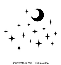 Black vector stars and moon. Minimal sparkles isolated on white. 