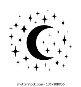Black vector stars and moon Set. Minimal sparkles isolated on white. 