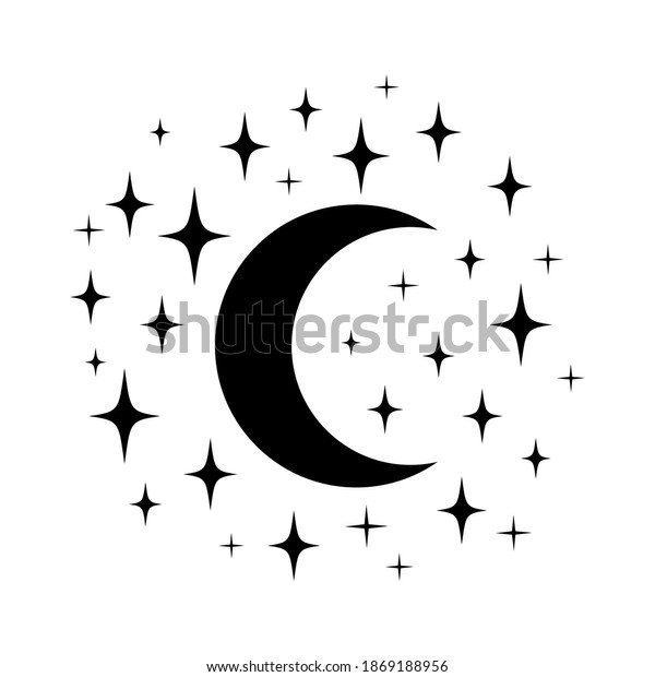 Black vector stars and moon Set. Minimal sparkles\
isolated on white. 