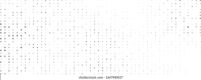 Black vector stars on transparent white background. Halftone modern festive banner. Gift wrapping paper. Holiday Xmas BG for premium luxury design, invitation card. Fairytale magic galaxy. Chick style