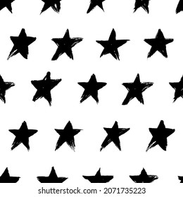 Black vector stars seamless pattern. Hand drawn black and white abstract vector pattern with regular stars. Brush strokes texture with rough edges. Black ink Scandinavian grunge ornament. 