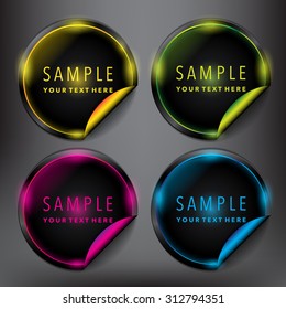 Black vector stickers with metallic curled corner. Isolated on the black panel. Vector illustration. Eps10.