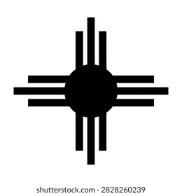 Black vector style Zia sun symbol featuring four rays in each direction. Represents the New Mexico state flag and Native American heritage. Ideal for web design, logos, and cultural projects.