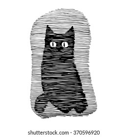 Black vector stylized cat. Illustration of cat made from horizontal stripes.