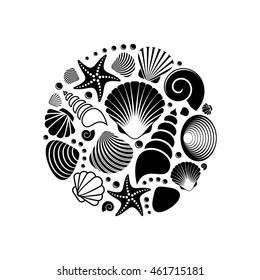 Black vector summer sea shells circle concept isolated