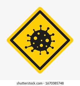 Black vector symbol of a virus cell on yellow square warning sign isolated on white background. Coronavirus outbreak. Covid-19 2019-nCoV virus from Wuhan China. Toxic infection symbol.
