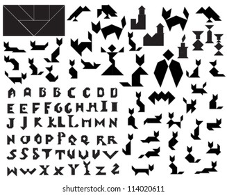 Black Vector Tangram Halloween Silhouettes Collection (people, Animals, Buildings, Abc, Letters, Font Art Etc)