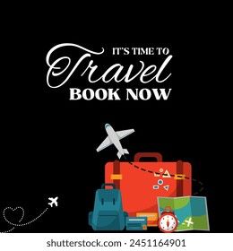 Black vector template for advertising flyer with 3D elements. Time to see world. Organization of trips abroad. Travel guide services. Reservations and purchase of tourist tickets. Travel post template