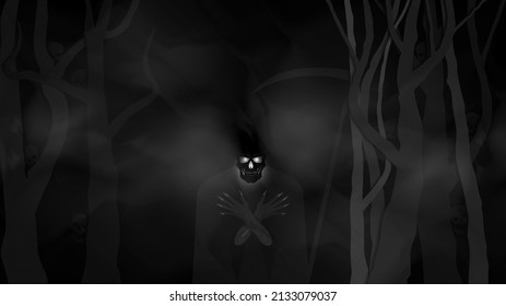 Black vector of a terrible death with glowing eyes, crossed arms and a scythe standing between trees with skulls in the fog