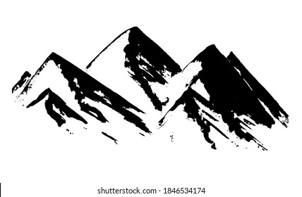 Black vector textured chinese ink hand drawn mountains illustration. Sketchy simple hills landscape isolated on white background, texture travel concept