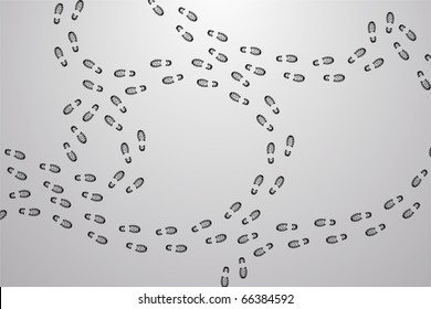 Black vector traces of feet on gray background