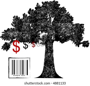 Black vector tree with barcode and dollars.
